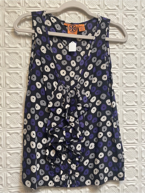 Tory Burch Tops - Tory Burch Black Silk Blouse with Purple and Cream Dot Print
